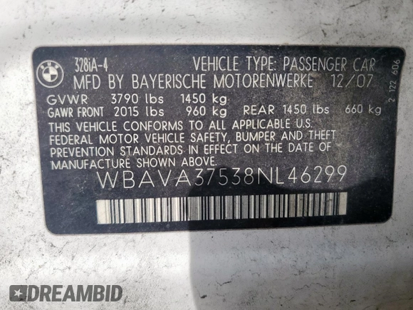 2008 BMW 3 Series 328i with VIN WBAVA37538NL46299, listed as a Copart auction lot 60355545 with 144,821 mi miles and Salvage title. Bid and sale history available at DreamBid. Image 13.