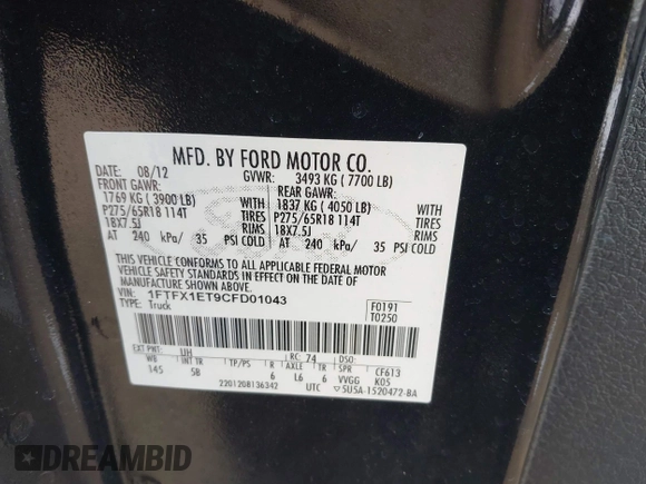 2012 Ford F-150 XL with VIN 1FTFX1ET9CFD01043, listed as a IAAI auction lot 41574319 with 87,573 mi miles. Bid and sale history available at carsss.com. Image 9.