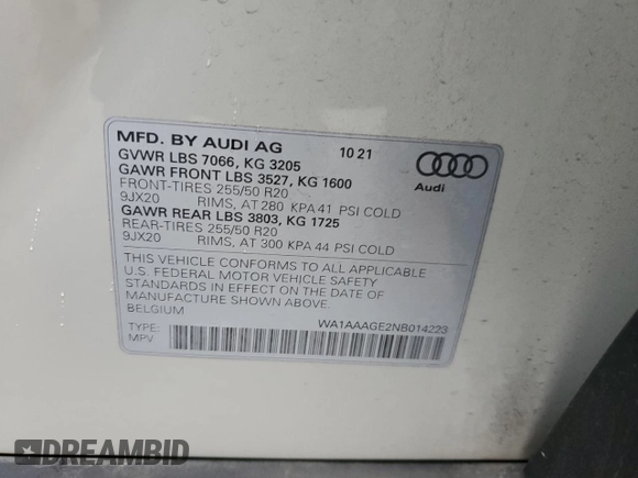 2022 Audi e-tron Premium with VIN WA1AAAGE2NB014223, listed as a Copart auction lot 62382173 with 44,146 mi miles. Bid and sale history available at carsss.com. Image 13.