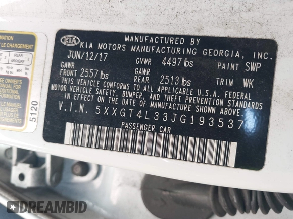 2018 Kia Optima LX with VIN 5XXGT4L33JG193537, listed as a IAAI auction lot 42033237 with 150,944 mi miles. Bid and sale history available at carsss.com. Image 9.