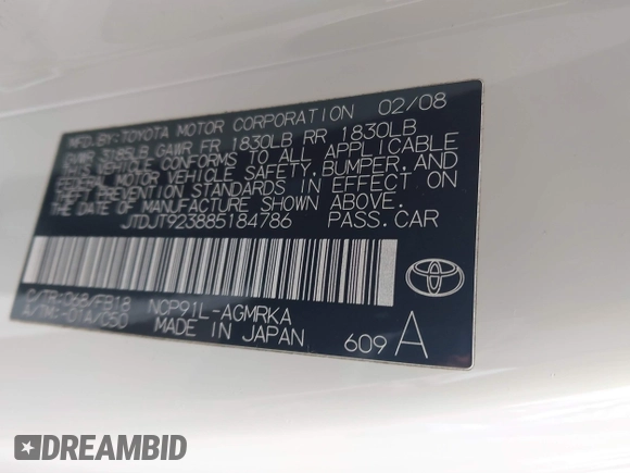2008 Toyota Yaris with VIN JTDJT923885184786, listed as a IAAI auction lot 41909769 with 94,547 mi miles and . Bid and sale history available at carsss.com. Image 9.