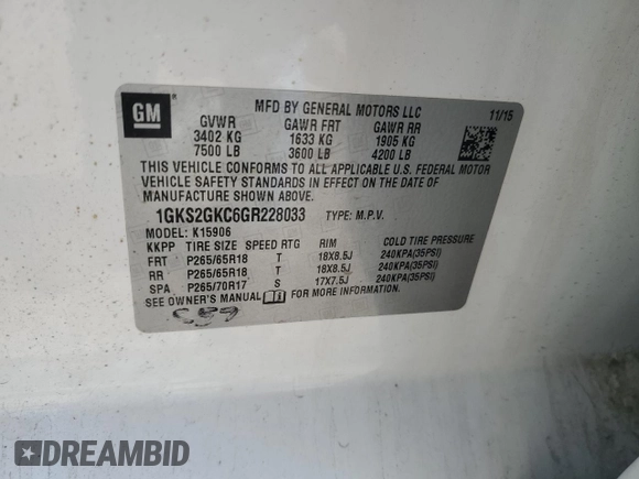 2016 GMC Yukon XL SLT with VIN 1GKS2GKC6GR228033, listed as a Copart auction lot 52450055 with 135,476 mi miles and Salvage Title. Bid and sale history available at DreamBid. Image 16.