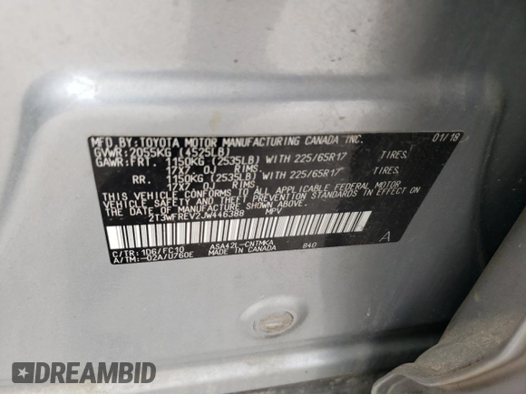 2018 Toyota RAV4 XLE with VIN 2T3WFREV2JW446388, listed as a Copart auction lot 54000675 with Not Provided miles and Salvage Title. Bid and sale history available at DreamBid. Image 12.
