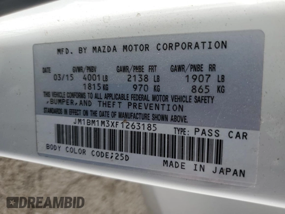 2015 Mazda 3 S Grand Touring with VIN JM1BM1M3XF1263185, listed as a Copart auction lot 41847175 with 157,301 mi miles and Salvage Title. Bid and sale history available at DreamBid. Image 14.