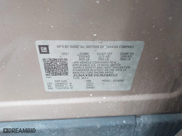 2018 Chevrolet Equinox LT with VIN 2GNAXSEV8J6244012, listed as a IAAI auction lot 41590078 with 170,201 mi miles. Bid and sale history available at carsss.com. Image 9.