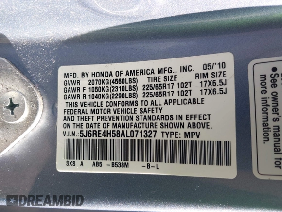 2010 Honda CR-V EX with VIN 5J6RE4H58AL071327, listed as a IAAI auction lot 42142017 with 169,048 mi miles. Bid and sale history available at carsss.com. Image 9.