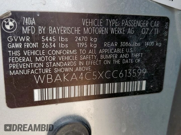 2012 BMW 7 Series 740i with VIN WBAKA4C5XCC613599, listed as a Copart auction lot 62951835 with 102,534 mi miles and Clean title. Bid and sale history available at DreamBid. Image 12.