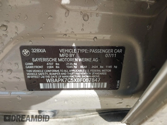 2011 BMW 3 Series 328i xDrive with VIN WBAPK7C5XBF087847, listed as a IAAI auction lot 42178023 with 90,571 mi miles and . Bid and sale history available at DreamBid. Image 9.