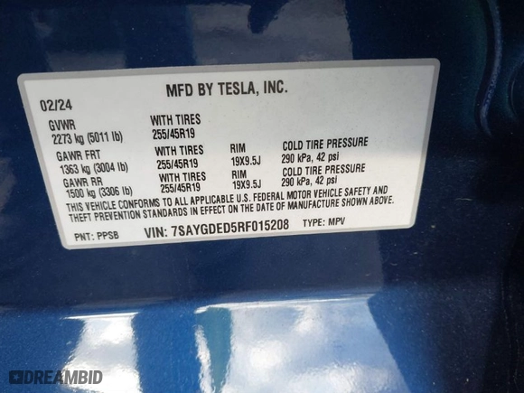 2024 Tesla Model Y with VIN 7SAYGDED5RF015208, listed as a IAAI auction lot 41608087 with NaN miles. Bid and sale history available at carsss.com. Image 9.