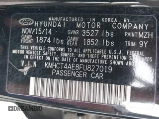 2015 Hyundai Accent GLS z VIN KMHCT4AE8FU827019, wystawiony jako IAAI lot #42179517 z przebiegiem 52 039 mil mil oraz . Historia ofert i sprzedaży dostępna na DreamBid. Obrazek 9.