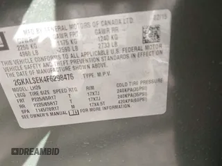 2015 GMC Terrain SLT with VIN 2GKALSEK4F6298476, listed as a IAAI auction lot 41455823 with 60,904 mi miles. Bid and sale history available at carsss.com. Image 9.