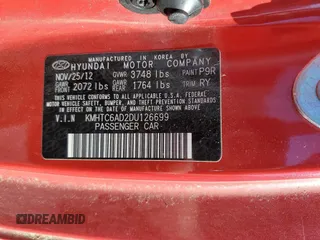 2013 Hyundai Veloster w/Black Int with VIN KMHTC6AD2DU126699, listed as a Copart auction lot 57329805 with 85,303 mi miles and Salvage title. Bid and sale history available at DreamBid. Image 12.