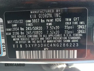 2022 Kia Telluride EX with VIN 5XYP3DHC4NG286223, listed as a Copart auction lot 58838925 with 45,444 mi miles and Salvage title. Bid and sale history available at DreamBid. Image 14.