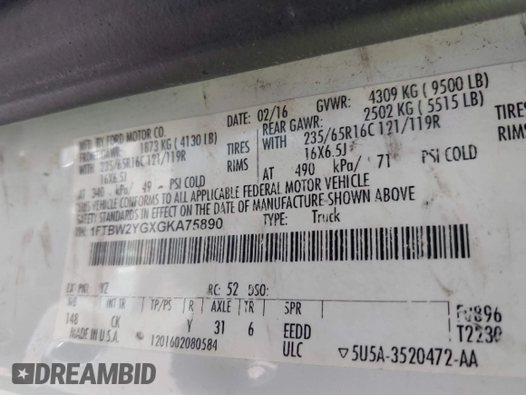 2016 Ford Transit Cargo with VIN 1FTBW2YGXGKA75890, listed as a IAAI auction lot 42072985 with 99,189 mi miles and . Bid and sale history available at DreamBid. Image 9.