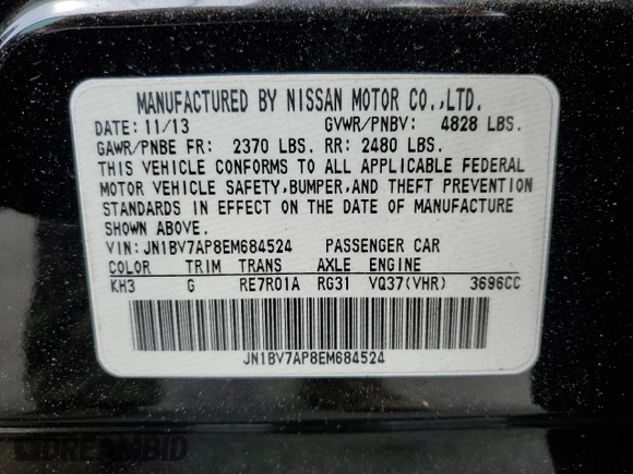 2014 Infiniti Q50 Premium with VIN JN1BV7AP8EM684524, listed as a Copart auction lot 59286115 with 105,107 mi miles and Salvage title. Bid and sale history available at DreamBid. Image 12.