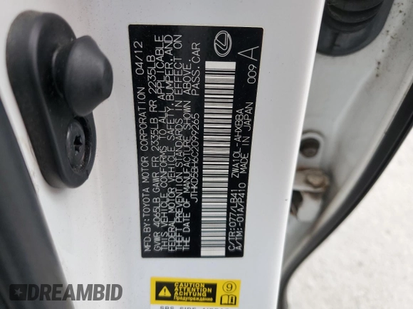 2012 Lexus CT 200h with VIN JTHKD5BH6C2099265, listed as a Copart auction lot 57091615 with 164,532 mi miles and Salvage title. Bid and sale history available at DreamBid. Image 12.
