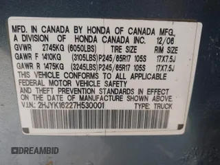2007 Honda Ridgeline RT z VIN 2HJYK16227H530001, wystawiony jako IAAI lot #42197799 z przebiegiem 259 077 mil mil oraz . Historia ofert i sprzedaży dostępna na DreamBid. Obrazek 9.