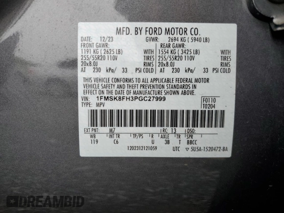 2023 Ford Explorer Limited with VIN 1FMSK8FH3PGC27999, listed as a Copart auction lot 61084505 with 20,725 mi miles and Salvage title. Bid and sale history available at DreamBid. Image 13.