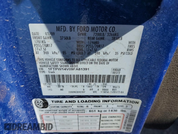 2009 Ford F-150 XL z VIN 1FTPW14V09FA81391, wystawiony jako Copart lot #53976815 z przebiegiem 229 080 mil mil oraz Szkody całkowita. Historia ofert i sprzedaży dostępna na DreamBid. Obrazek 12.