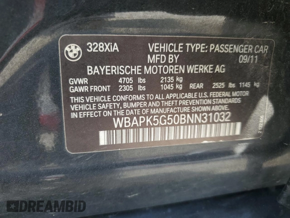 2011 BMW 3 Series 328i xDrive with VIN WBAPK5G50BNN31032, listed as a Copart auction lot 63237195 with 138,197 mi miles and Salvage title. Bid and sale history available at DreamBid. Image 12.