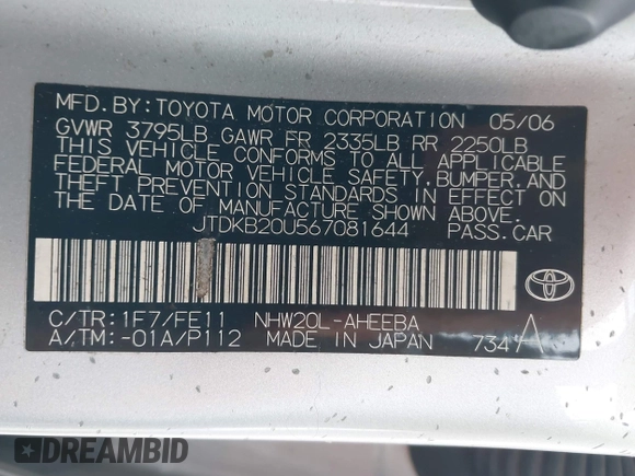2006 Toyota Prius z VIN JTDKB20U567081644, wystawiony jako IAAI lot #42328410 z przebiegiem 138 708 mil mil oraz . Historia ofert i sprzedaży dostępna na DreamBid. Obrazek 9.