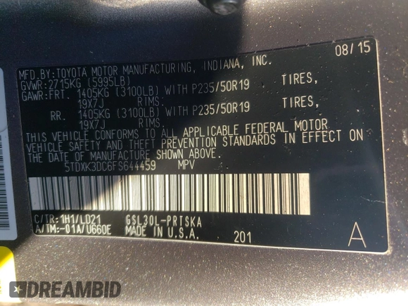 2015 Toyota Sienna SE with VIN 5TDXK3DC6FS644459, listed as a Copart auction lot 42600115 with 126,007 mi miles and Salvage Title. Bid and sale history available at carsss.com. Image 14.