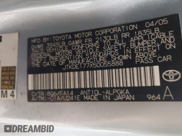 2005 Scion tC z VIN JTKDE177X50055888, wystawiony jako IAAI lot #41955037 z przebiegiem 129 632 mil mil oraz . Historia ofert i sprzedaży dostępna na DreamBid. Obrazek 9.