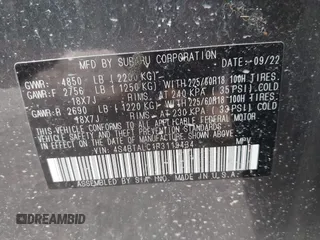 2023 Subaru Outback Onyx with VIN 4S4BTALC1P3119434, listed as a IAAI auction lot 42301903 with Not provided miles and . Bid and sale history available at DreamBid. Image 9.