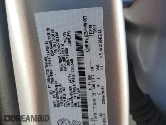 2016 Ford F-150 XLT with VIN 1FTEW1EP9GFC86549, listed as a Copart auction lot 54329584 with Not provided miles and Salvage title. Bid and sale history available at DreamBid. Image 13.