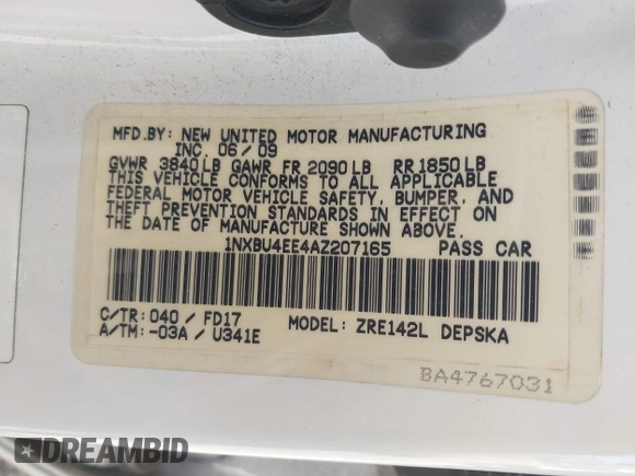 2010 Toyota Corolla with VIN 1NXBU4EE4AZ207165, listed as a IAAI auction lot 42503664 with 141,769 mi miles and . Bid and sale history available at DreamBid. Image 9.