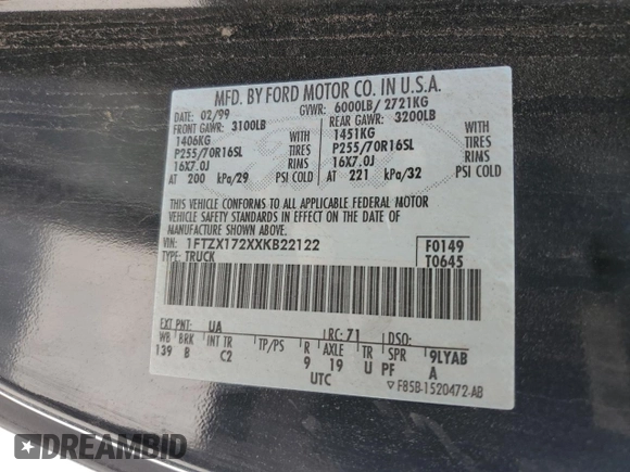 1999 Ford F-150 with VIN 1FTZX172XXKB22122, listed as a Copart auction lot 52987845 with 78,431 mi miles and Salvage title. Bid and sale history available at DreamBid. Image 12.