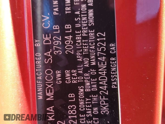 2022 Kia Forte LXS with VIN 3KPF24AD4NE475212, listed as a Copart auction lot 89220095 with 67,681 mi miles and Salvage Title. Bid and sale history available at carsss.com. Image 14.