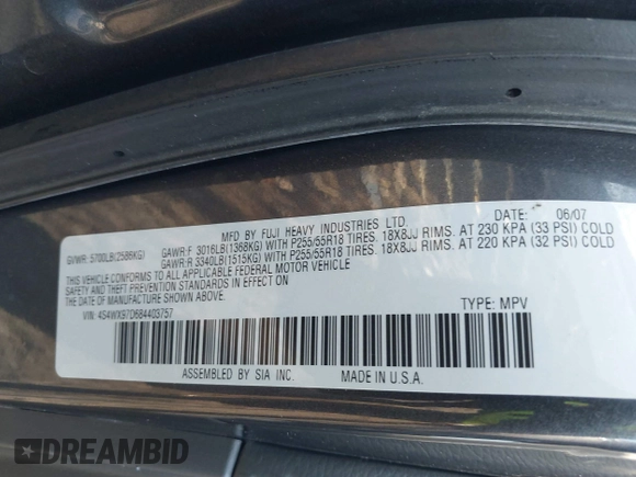 2008 Subaru Tribeca Limited z VIN 4S4WX97D684403757, wystawiony jako IAAI lot #41763305 z przebiegiem 239 220 mil mil oraz . Historia ofert i sprzedaży dostępna na DreamBid. Obrazek 9.
