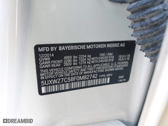 2015 BMW X3 sDrive28i with VIN 5UXWZ7C58F0M82742, listed as a IAAI auction lot 41944819 with 88,279 mi miles. Bid and sale history available at carsss.com. Image 9.