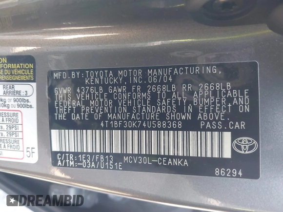 2004 Toyota Camry LE with VIN 4T1BF30K74U588368, listed as a IAAI auction lot 41659383 with 190,833 mi miles. Bid and sale history available at carsss.com. Image 9.