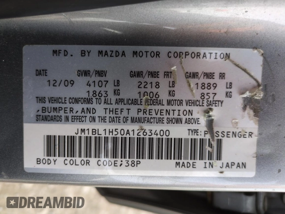 2010 Mazda 3 S Sport with VIN JM1BL1H50A1263400, listed as a Copart auction lot 50200455 with 58,080 mi miles and Salvage Title. Bid and sale history available at DreamBid. Image 12.