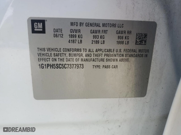 2012 Chevrolet Cruze LTZ with VIN 1G1PH5SC5C7377973, listed as a Copart auction lot 51162035 with 124,376 mi miles and Salvage Title. Bid and sale history available at carsss.com. Image 12.