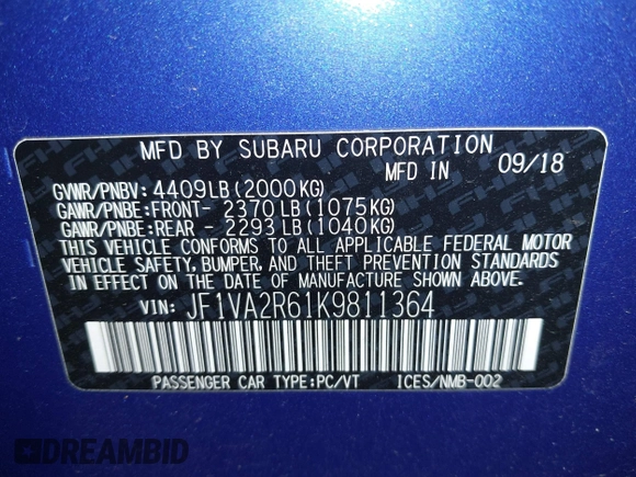 2019 Subaru WRX STI with VIN JF1VA2R61K9811364, listed as a IAAI auction lot 42080161 with 80,620 mi miles and . Bid and sale history available at DreamBid. Image 9.