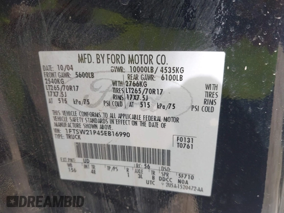 2005 Ford F-250 XL с VIN 1FTSW21P45EB16990, выставлен на аукционе IAAI как лот 41741408 с пробегом Не указан миль и . История ставок и продаж доступна на DreamBid. Изображение 9.