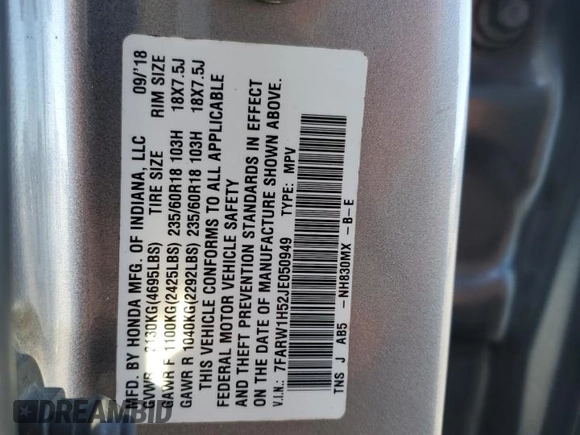 2018 Honda CR-V EX with VIN 7FARW1H52JE050949, listed as a Copart auction lot 87192364 with 139,550 mi miles and Salvage Title. Bid and sale history available at carsss.com. Image 16.