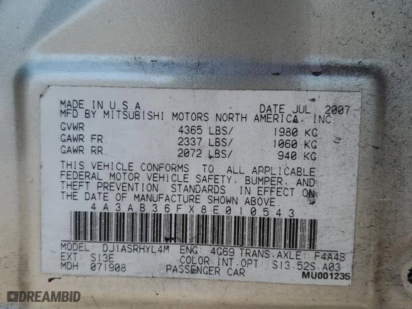 2008 Mitsubishi Galant ES with VIN 4A3AB36FX8E010543, listed as a Copart auction lot 72563224 with 203,134 mi miles and Salvage Title. Bid and sale history available at carsss.com. Image 14.