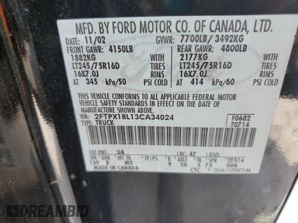 2003 Ford F-150 XL with VIN 2FTPX18L13CA34024, listed as a Copart auction lot 62133645 with 224,922 mi miles and Salvage title. Bid and sale history available at DreamBid. Image 12.