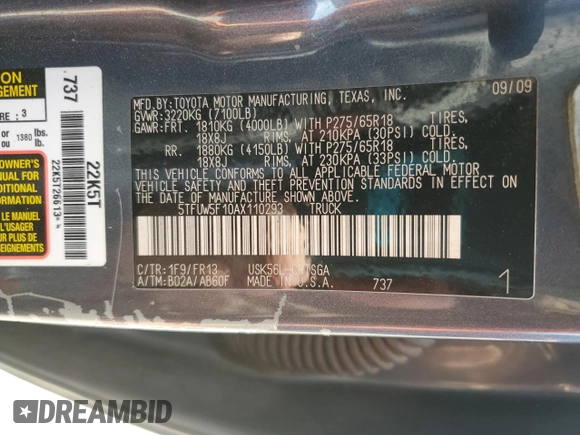 2010 Toyota Tundra with VIN 5TFUW5F10AX110293, listed as a Copart auction lot 64685105 with 256,875 mi miles and Salvage title. Bid and sale history available at DreamBid. Image 12.