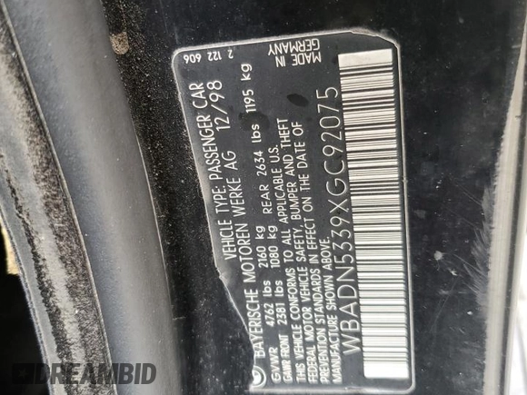 1999 BMW 5 Series 540i with VIN WBADN5339XGC92075, listed as a Copart auction lot 42687555 with 192,637 mi miles and Salvage Title. Bid and sale history available at carsss.com. Image 12.