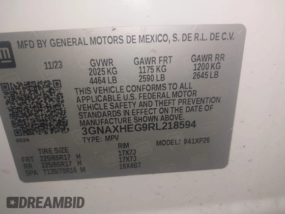 2024 Chevrolet Equinox LS with VIN 3GNAXHEG9RL218594, listed as a IAAI auction lot 41719829 with 20,120 mi miles and . Bid and sale history available at DreamBid. Image 9.