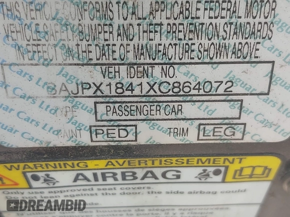 1999 Jaguar XJ with VIN SAJPX1841XC864072, listed as a IAAI auction lot 42176220 with 122,712 mi miles and . Bid and sale history available at DreamBid. Image 9.