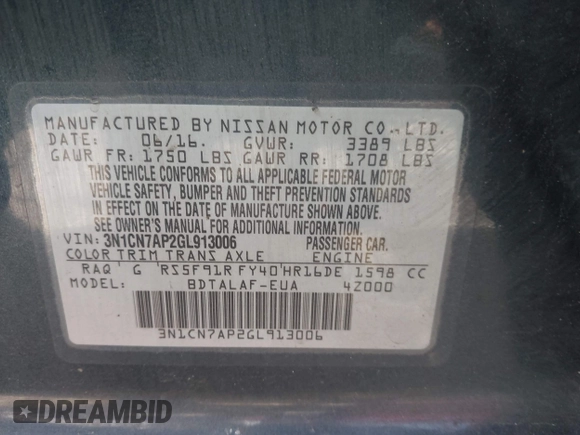 2016 Nissan Versa S Plus with VIN 3N1CN7AP2GL913006, listed as a IAAI auction lot 41989696 with 260,168 mi miles. Bid and sale history available at carsss.com. Image 9.