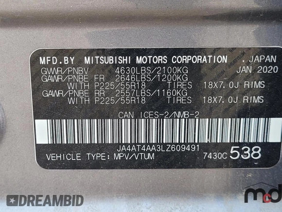 2020 Mitsubishi Eclipse Cross LE z VIN JA4AT4AA3LZ609491, wystawiony jako Copart lot #59165484 z przebiegiem 66 586 mil mil oraz Szkoda całkowita • Salvage title. Historia ofert i sprzedaży dostępna na DreamBid. Obrazek 9.