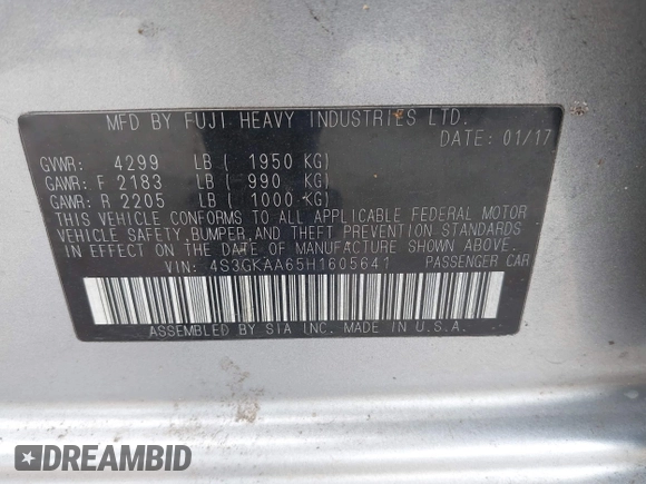 2017 Subaru Impreza z VIN 4S3GKAA65H1605641, wystawiony jako IAAI lot #42372317 z przebiegiem 74 676 mil mil oraz . Historia ofert i sprzedaży dostępna na DreamBid. Obrazek 9.