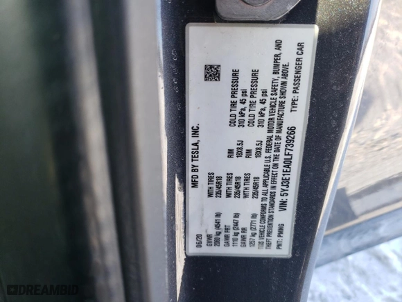 2020 Tesla Model 3 Standard Range Plus with VIN 5YJ3E1EA0LF739266, listed as a Copart auction lot 46327055 with 41,726 mi miles and Salvage Title. Bid and sale history available at carsss.com. Image 14.